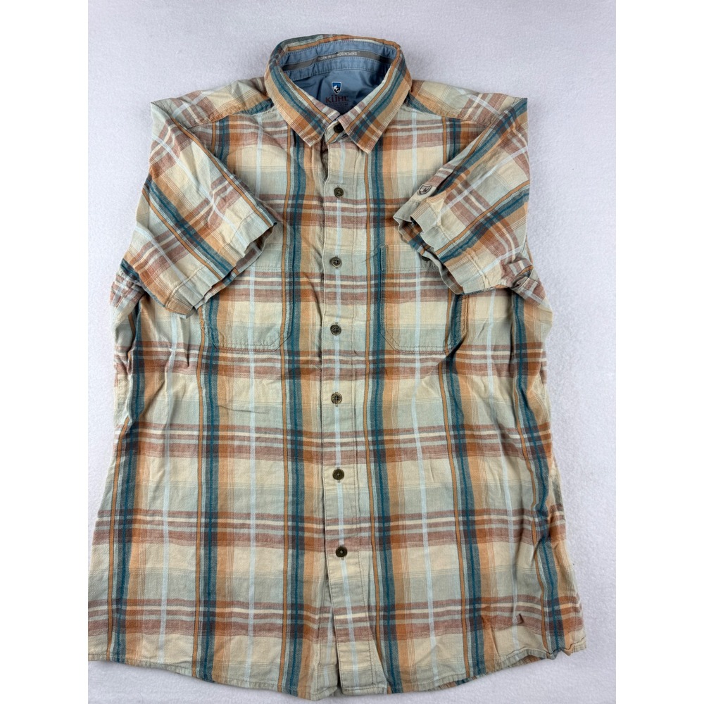 Kuhl Mens Medium Short Sleeve Linen Cotton Plaid Button Down Shirt Orange Blue